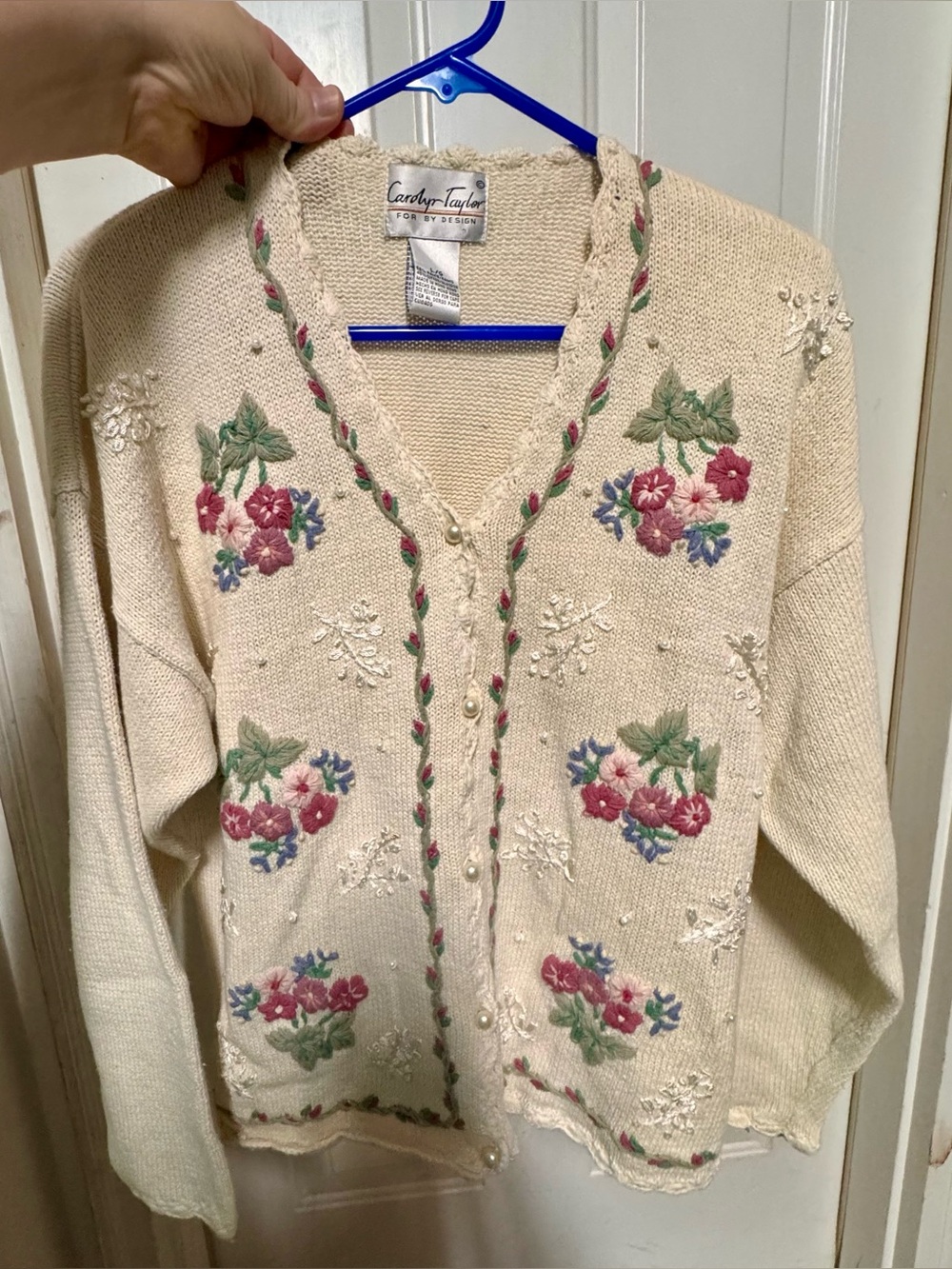 Vintage Women’s Carolyn Taylor Knit Floral Cardigan Pearl Accents Size Large